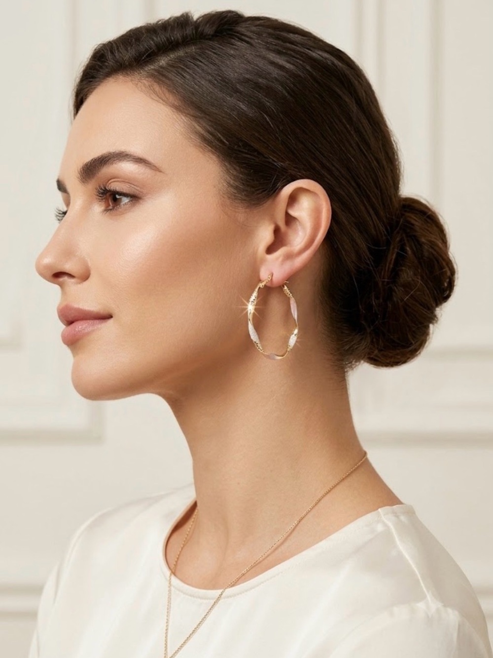 Pretty Bird Jewelry Gold Twisted Hoop Earrings with pink enamel Accents